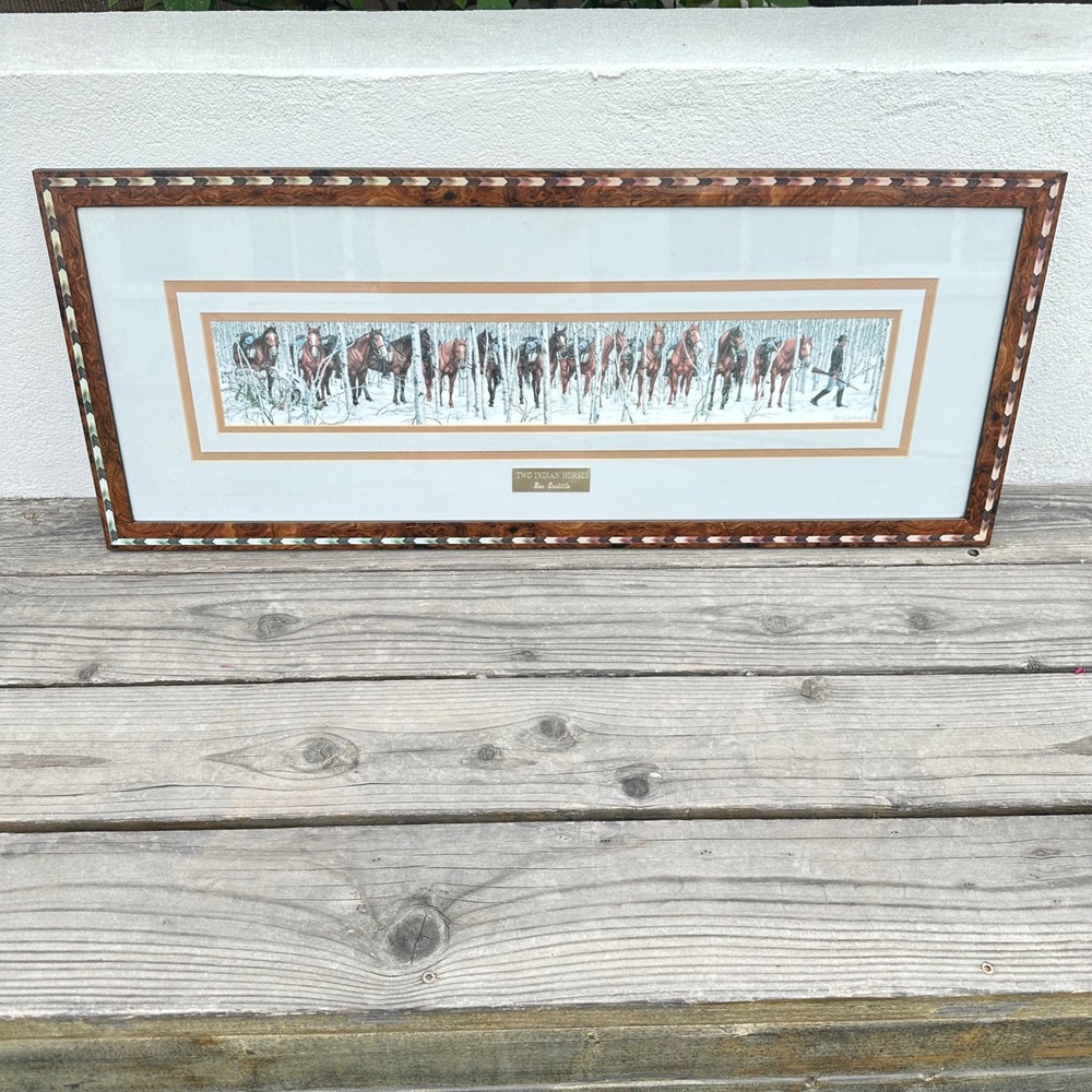 Bev Doolittle Two Indian Horses Framed Art Print Burl Wood Chevron Inlay 34x14